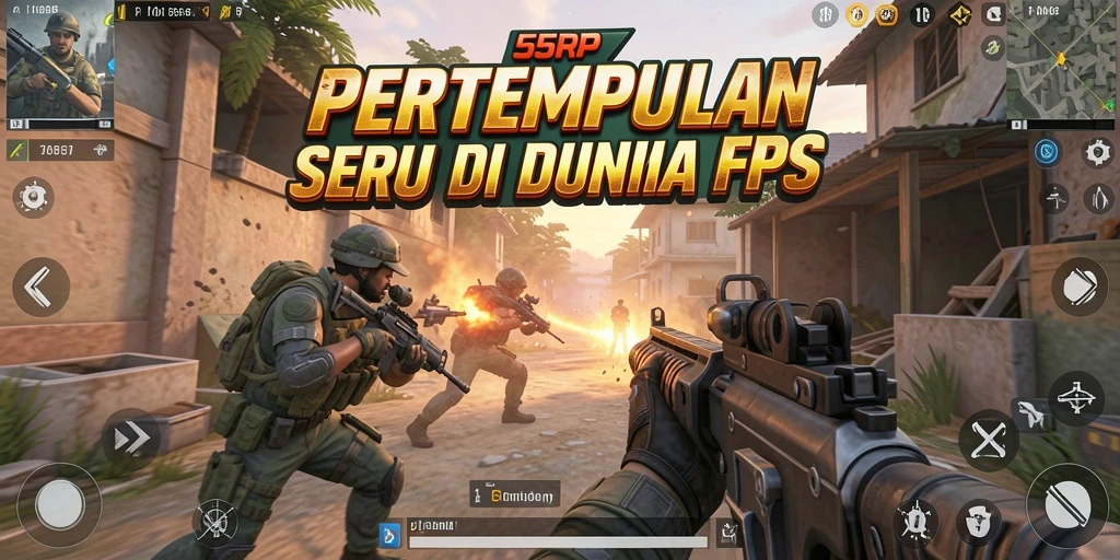 Screenshot menunjukkan aksi tembak-menembak seru dalam permainan FPS 55RP.