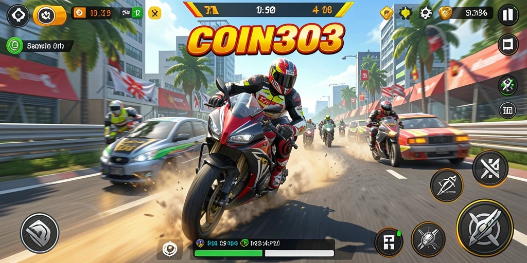 Tangkapan layar gameplay balapan motor yang mendebarkan.