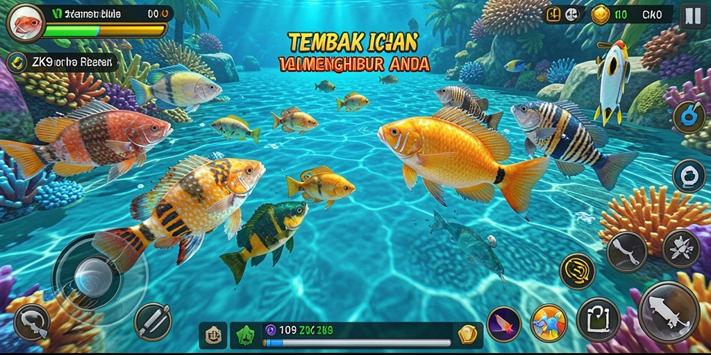 Gameplay ZK9 yang menarik dengan berbagai ikan untuk ditangkap.